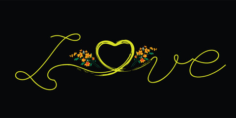 Handwriting, heart ink brush and quote "LOVE". with a black background. lovers, romance, concept, card, marriage, variety, affection, happiness, love heart.