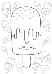 Cute Ice Cream Cone Stick Cup Scoop Dessert Doodle Cartoon Coloring Pages for Kids and Adult