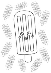 Cute Ice Cream Cone Stick Cup Scoop Dessert Doodle Cartoon Coloring Pages for Kids and Adult