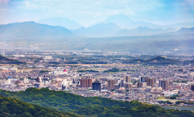 Fototapeta na wymiar 山の上から見る北九州市郊外の景色