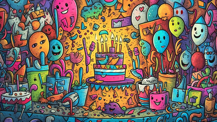 Obraz premium Birthday cake background , doodle cartoon style, generative ai