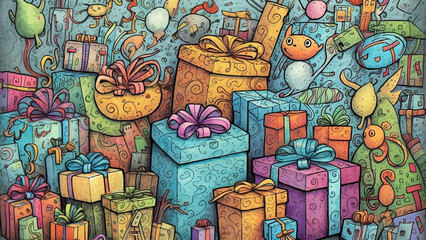 Birthday presents background , doodle cartoon style, generative ai