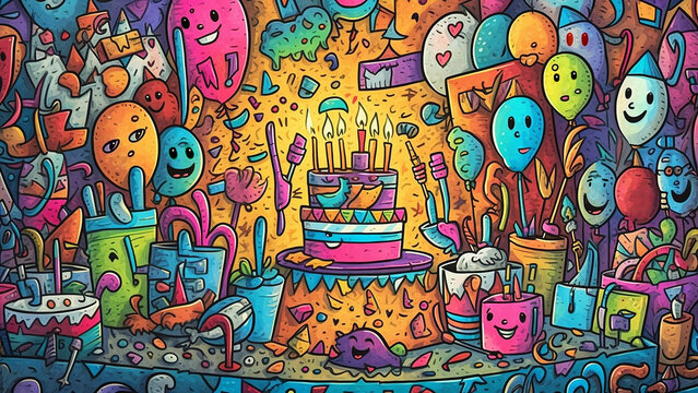 Birthday cake  background , doodle cartoon style, generative ai