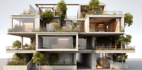 Modern home with trees, shaped canvas, light gray and bronze. Generative AI