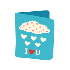 Greeting card with inscription I love you, cloud and hearts. Greeting card clip art. Design element for invitation, print, sticker, pattern. Illustration for birthday and valentine's day.