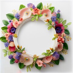 Naklejka na ściany i meble Round frame shape Flower wreath frame made of flowers and leaves, Flat lay. Generative Ai