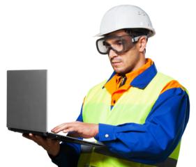 Young male construction Worker with laptop