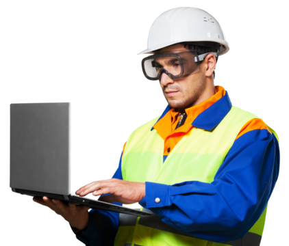 Young male construction Worker with laptop