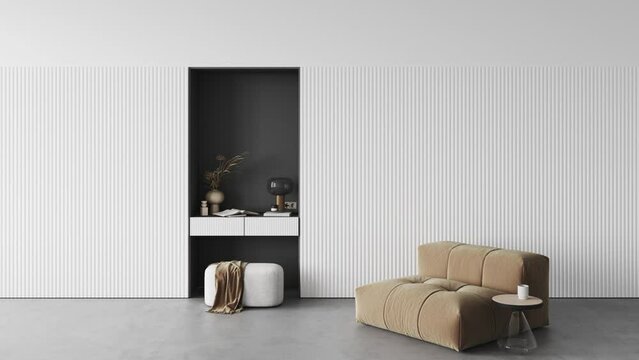 Frame by frame 3D animation interior of modern living room with white sofa, home desk in wall with decor, personal accessories, lamp, books, dry flowers in a vase, ceramics. Pouf with a blanket. Video