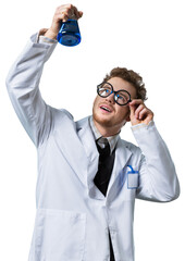 Crazy chemist man with disheveled hair and vial in hands