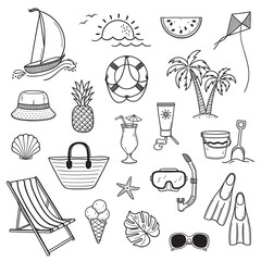 Set of summer and beach theme design elements in doodle style