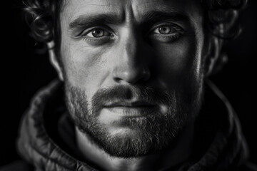 Obraz premium Black and white portrait of 35 year old man. Generative AI