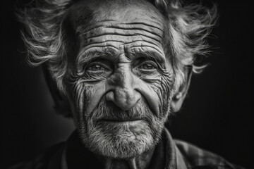 Fototapeta premium Black and white portrait of 80 year old man. Generative AI