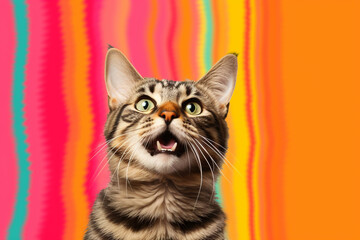 Surprised cat isolated on colorful background, Generative AI