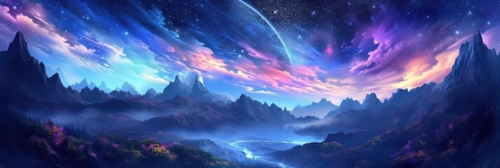 Obraz na płótnie Canvas art illustration banner background panorama nature landscape with galaxy sky, Generative Ai