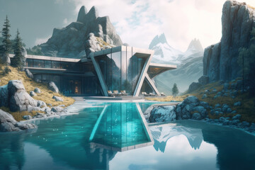 Futuristic modern house with a swimming pool. AI generative.