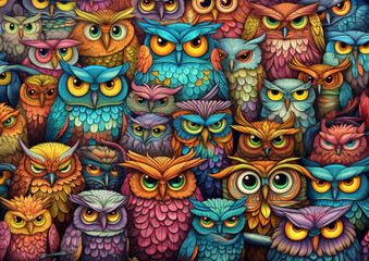 Fototapeta na wymiar funny owls background, cartoon style, generative ai