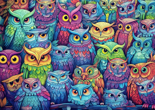 funny owls background, cartoon style, generative ai