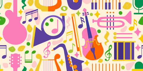 Seamless pattern for music festival. Bright background design with musical instruments. The pattern immerses you in summer, the atmosphere of holidays and music. - obrazy, fototapety, plakaty