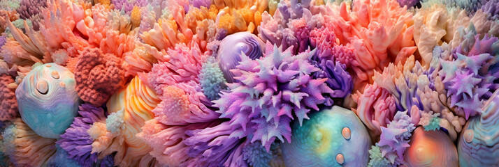 Obraz na płótnie Canvas close up texture of sea corals with vibrant pastel colors banner created with AI generative tools