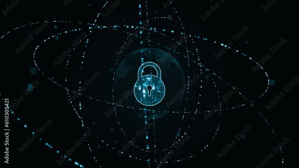 Poster motion graphic of blue security key logo with particle ring circle rotation and earth with ai techno