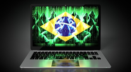 Brazil - country flag and hackers on laptop screen - cyber attack concept