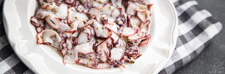 carpaccio octopus salad seafood marinated spicy meal food snack on the table copy space food background rustic top view