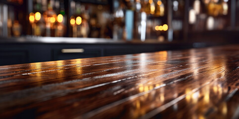 Dark wooden counter with a bar in the style of bokeh panoram. 