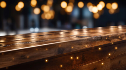 Dark wooden counter with a bar in the style of bokeh panoram. 