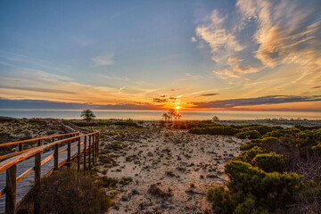 Fototapeta na wymiar Wooden walkway down to sandy Arenales del sol beach. In Costa Blanca, Alicante province, Elche, Spain