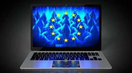 European Union - country flag and hackers on laptop screen - cyber attack concept