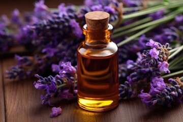 Obraz na płótnie Canvas Lavender essential oil bottle with fresh flowers. Generative AI
