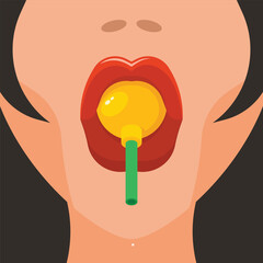 Illustration of a woman's mouth with a pacifier in it.