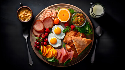 Professional food photography of different kind healthy breakfast set, beautifully decorated, view from top