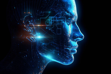 illustration of a human face intricately intertwined with digital elements. This artwork portrays the delicate balance between our human essence and the ever-evolving digital world. Ai generated