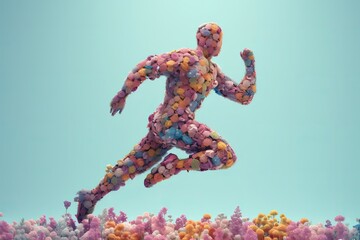 Human figure made of flowers, dancing and moving like in sports, Created with Generative AI tool