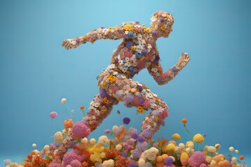 Human figure made of flowers, dancing and moving like in sports, Created with Generative AI tool