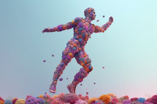 Human figure made of flowers, dancing and moving like in sports, Created with Generative AI tool