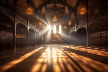 Detailed Church room hall, chapel, prayer, God rays, light rays, Created with Generative AI tool