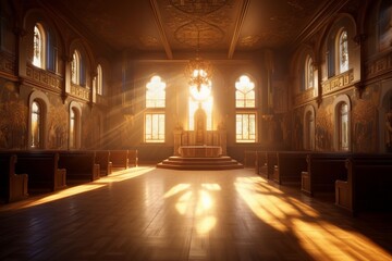 Detailed Church room hall, chapel, prayer, God rays, light rays, Created with Generative AI tool