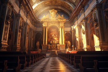 Detailed Church room hall, chapel, prayer, God rays, light rays, Created with Generative AI tool