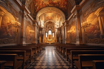 Fototapeta na wymiar Detailed Church room hall, chapel, prayer, God rays, light rays, Created with Generative AI tool