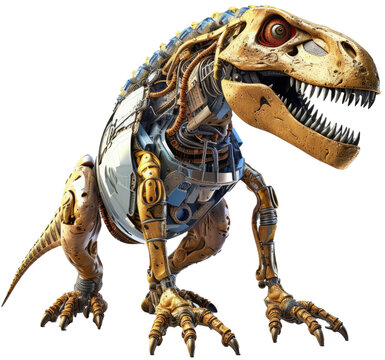 Robot T-Rex dinosaur as mechanical cyber animal isolated on a white background, generative AI technology