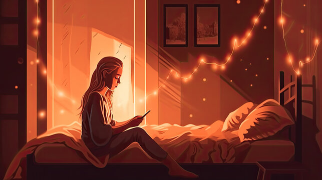 Illustration Of A Woman In Bed Looking At Something On Her Smartphone. Sleepless Night. Generative AI