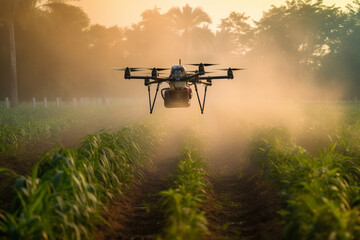 Fototapeta na wymiar Agricultural drone soaring gracefully over a lush cultivated field. This artwork captures the essence of a revolutionary farming technique. Ai generated