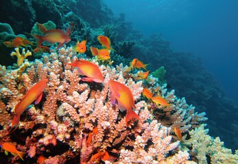 Fototapeta na wymiar Tropical coral reef with diversity of hard corals and shoal of coral fish