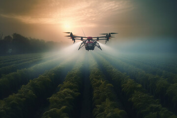 Agricultural drone soaring gracefully over a lush cultivated field. This artwork captures the essence of a revolutionary farming technique. Ai generated