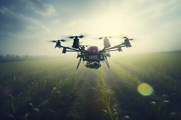 Naklejka premium Agricultural drone soaring gracefully over a lush cultivated field. This artwork captures the essence of a revolutionary farming technique. Ai generated