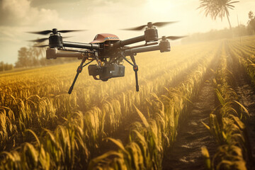 Naklejka na ściany i meble Agricultural drone soaring gracefully over a lush cultivated field. This artwork captures the essence of a revolutionary farming technique. Ai generated
