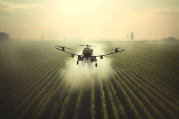 Fototapeta premium Agricultural drone soaring gracefully over a lush cultivated field. This artwork captures the essence of a revolutionary farming technique. Ai generated